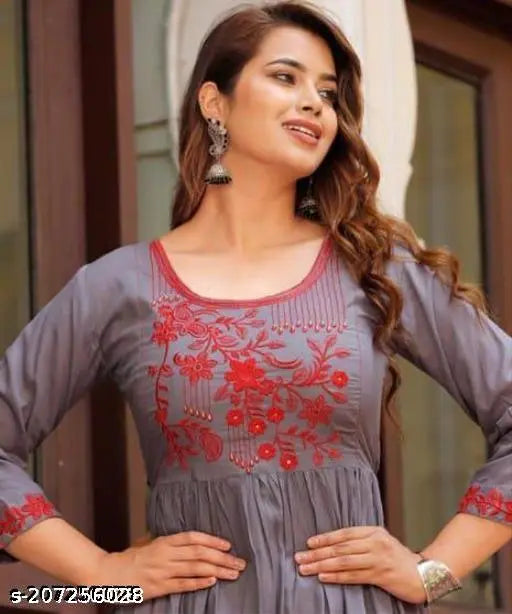 Gray rayon MALTI GAWN with embroidered pattern, three-quarter sleeve length. Women's fashion clothing, available in S, XL, XXL