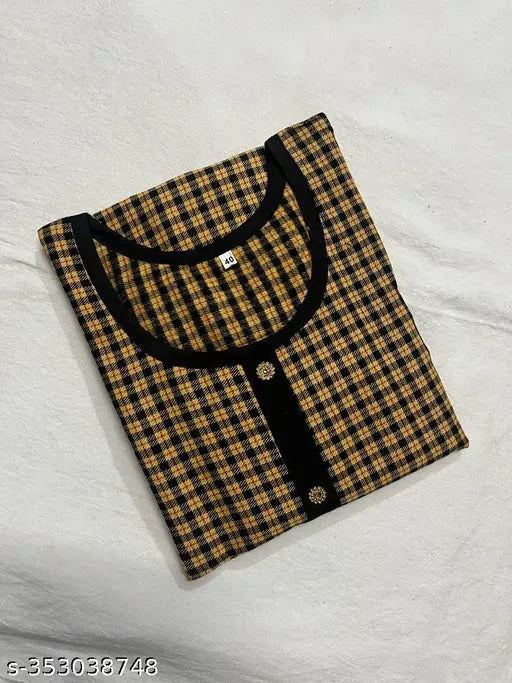 Yellow woolen checked kurti for women, three-quarter sleeves, winter fashion from India