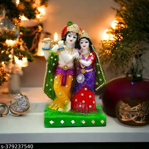 Resin Radha Krishna idol with complete sringar, 12cm x 21cm x 10cm, Indian devotional figurine
