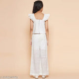 White cotton Schiffli embroidered cuff sleeve top and elasticated pant set for girls, self-design with sleeveless, single quantity in sizes 6-7 years, 7-8 years, 8-9 years, 9-10 years, 10-11 years, 11-12 years. India origin