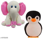 Pink elephant & black penguin soft toy (26cm), loveable fabrics for kids play, India origin