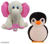 Pink elephant & black penguin soft toy (26cm), loveable fabrics for kids play, India origin