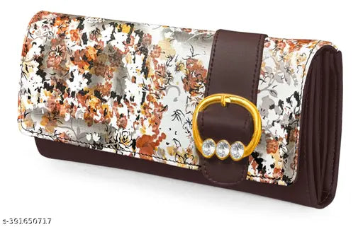 Faux leather hand clutch with premium buckle, printed net pattern, 4 compartments, free size (9in x 4in). High-quality women's wallet for daily essentials