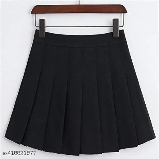 Black polyester high waist pleated mini skater tennis skirt with self-design net pattern, comfortable and easy to wear. Perfect for casual, school, beach, party, golf, cosplay, or daily wear. Available sizes: M (Waist Size: 34 in, Length: 17 in, Hip Size: 42 in), L (Waist Size: 32 in, Length: 17 in, Hip Size: 40 in), XL/XXL (double-check waistband measurements for size selection). Made in India