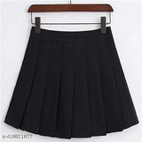 Black polyester high waist pleated mini skater tennis skirt with self-design net pattern, comfortable and easy to wear. Perfect for casual, school, beach, party, golf, cosplay, or daily wear. Available sizes: M (Waist Size: 34 in, Length: 17 in, Hip Size: 42 in), L (Waist Size: 32 in, Length: 17 in, Hip Size: 40 in), XL/XXL (double-check waistband measurements for size selection). Made in India