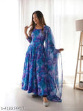 Blue georgette heavy gown with dupatta set, printed digital print, long sleeves, AMBE FASHION
