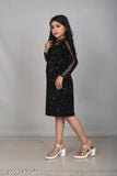 Black flax frocks dress for girls, single piece with embroidered net sleeves on lycra velvet, 4-12 years sizes from India