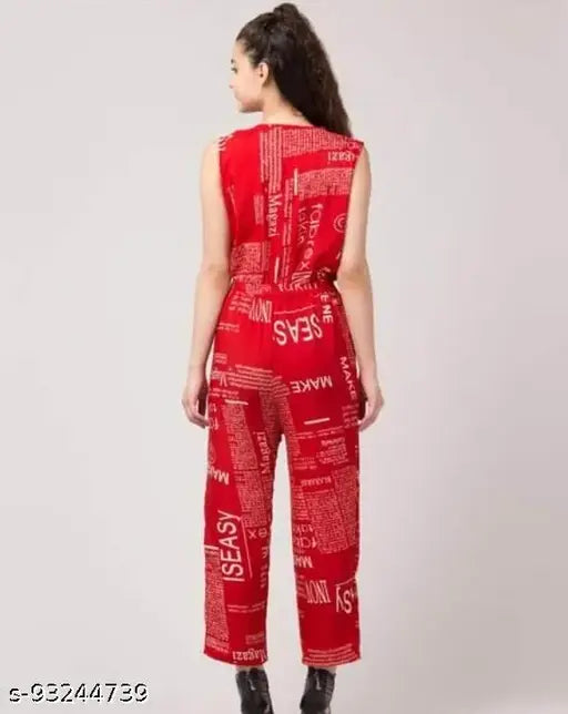 Red printed net crepe jumpsuit, Western wear for women