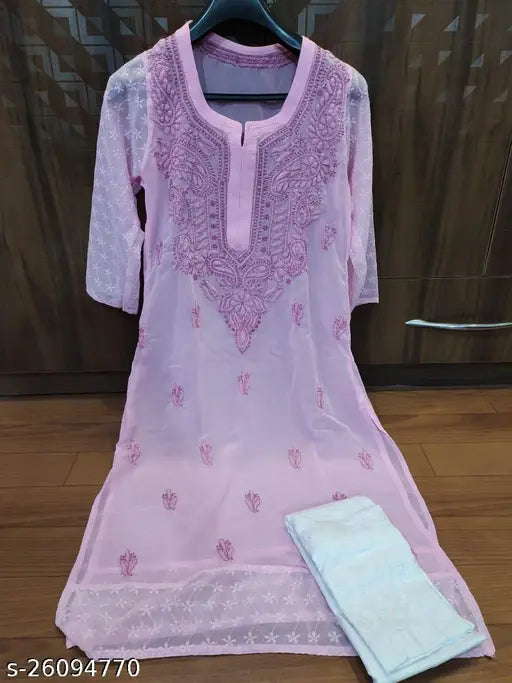 Georgette and cotton embroidered net kurta set with pants, three-quarter sleeves, Lucknowi Chikankari handwork - Indian women's fashion