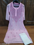Georgette and cotton embroidered net kurta set with pants, three-quarter sleeves, Lucknowi Chikankari handwork - Indian women's fashion