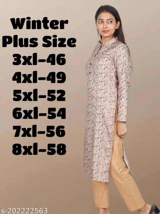 Wool plus size winter kurti set with long sleeves (3XL-8XL), printed combo, India origin