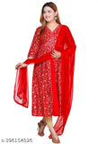 Red viscose rayon anarkali kurti with dupatta, solid three-quarter sleeves, printed pattern, India origin