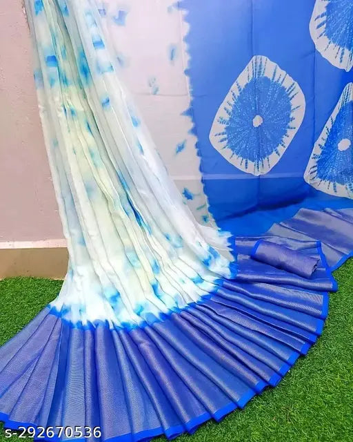 Blue chiffon saree with Shibori Brasso print, contrast-colored unstitched blouse. Lightweight cotton for weddings, Christmas parties, and turmeric ceremonies