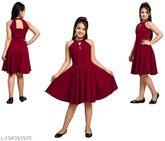 Maroon cotton blend party dress for girls (11-12, 12-13, 13-14 years), layered sash and brooch accent, Indian-made children's formal wear