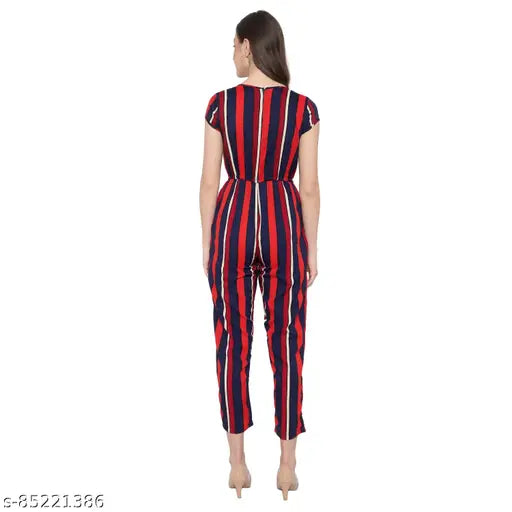 Red & Navy Maroon Striped Poly Crepe Jumpsuit, narrow bottom with short sleeves and adjustable belt, suitable for Indian body type and casual wear