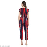 Red & Navy Maroon Striped Poly Crepe Jumpsuit, narrow bottom with short sleeves and adjustable belt, suitable for Indian body type and casual wear