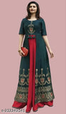 Red and green printed anarkali gown by PRV Prachi Desai, embroidered rayon with short sleeves, Indian clothing on hanger