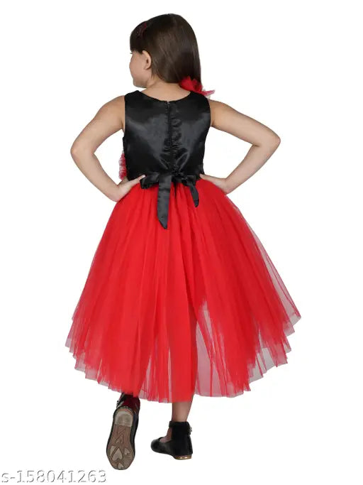 Red net kids' party dress, asymmetric ruffle bodice, high-low silhouette #pinkdress #kidsfashion #partywear #toddlerdress