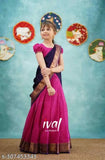 Pink art silk South Indian kids lehenga, short-sleeved top with knife pleated skirt and zari border, traditional Indian half-saree in 0-3 Months size