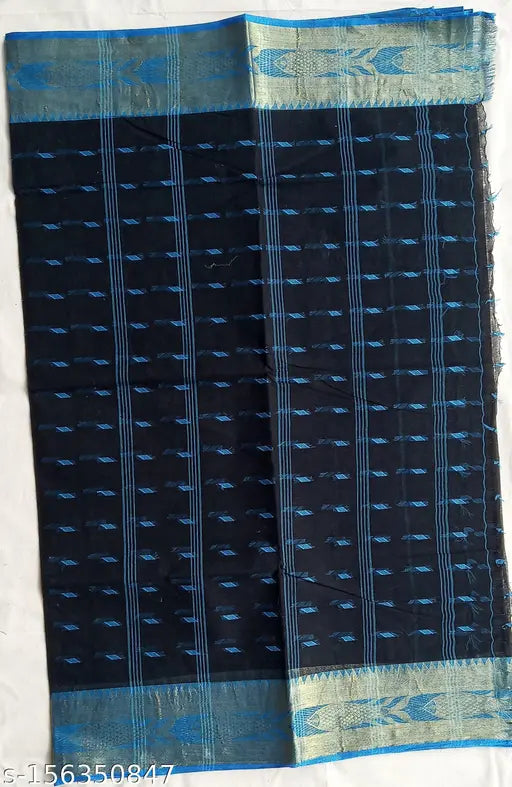 Black pure cotton handloom Bengal Tant daily wear sari by Raj Saree House, featuring traditional buti work and embroidered pattern. Measuring 5.5x1.2 meters. Suitable for both daily and party wear. Dry clean only. Origin: India