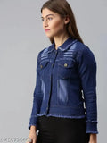 Dark blue denim jacket for women/girls, long sleeves, solid design. Perfect casual wear for summer and winter seasons