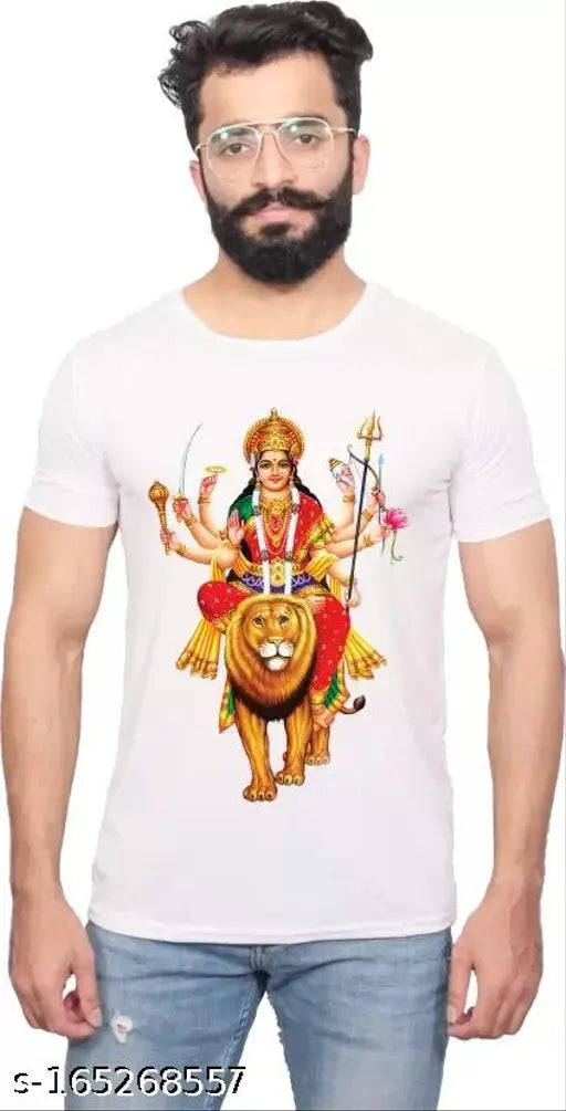 White printed polyester t-shirt for men, round neck, short sleeves by Bhoomi Decor