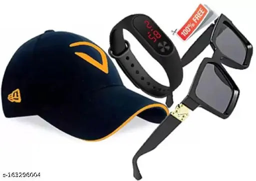 Self-designed cotton baseball cap combo with black aviator sunglasses and digital watch for men/boys, Indian hand-embroidery on sports caps and accessories