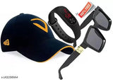 Self-designed cotton baseball cap combo with black aviator sunglasses and digital watch for men/boys, Indian hand-embroidery on sports caps and accessories