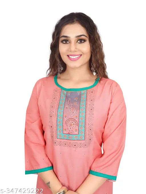 Rayon slub straight kurti with digital print, three-quarter sleeves and round neck, available in various sizes