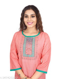 Rayon slub straight kurti with digital print, three-quarter sleeves and round neck, available in various sizes