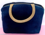Blue velvet handbag, single compartment, free size, Indian-made accessory for women