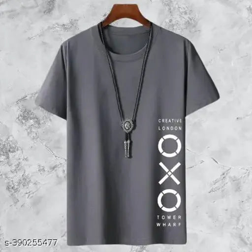 Trendy design men's polyester half sleeve t-shirt with printed net pattern. Short sleeves, cotton blend fabric, M (38in chest, 27in length), L (40in chest, 28in length), XL (42in chest, 29in length)
