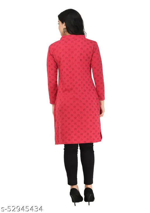 Red woolen women's short kurti with long sleeves, printed combo, available in M, L, XL, XXL, XXXL. Perfect winter wear for a comfortable, stylish look. Made in India