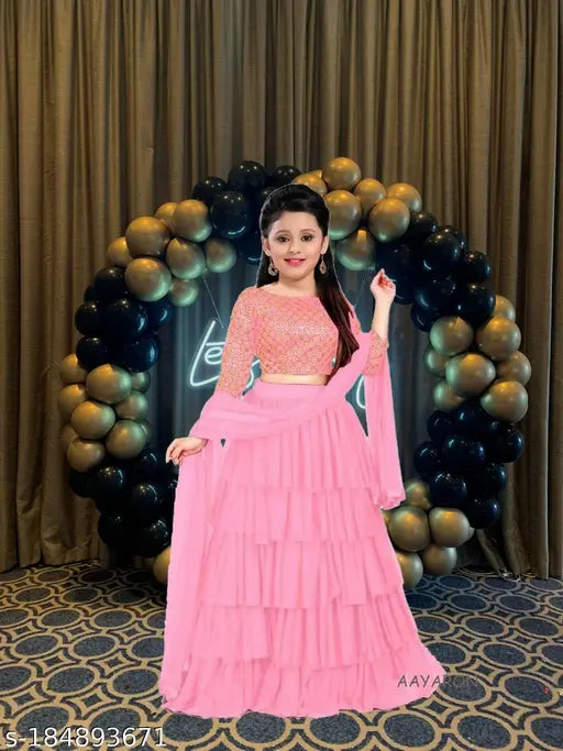 Satin-and-net ruffle embroidered lehenga for girls, Indian exclusive designer party wear (2-16 years)