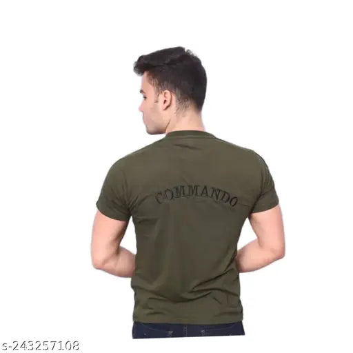Indian Army Green Cotton-Blend T-shirt, short sleeves, embroidered net pattern. On hanger
