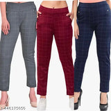 Grey-Maroon-Blue checkered lycra jeggings combo for women's/girls, triple pack with advanced double pockets