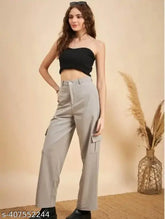 Grey cotton blend bell-bottom cargo pant for women, mid-rise with button closure, fashionable design for casual wear