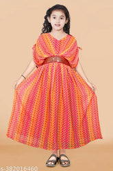 Multicolor printed maxi dress for girls festive wedding wear, sleeveless polyester design