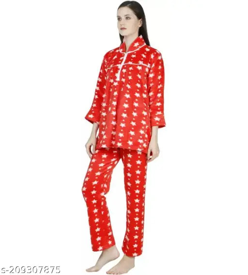 Winter Taausha Woolen Night Suit, printed heart love design in XL size, soft and fine quality wool fabric for cozy comfort in winters