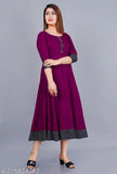Purple rayon round pleated flared kurti with three-quarter sleeves, suitable for casual and formal occasions. Hand wash or machine wash. Made in India. Size declaration: choose garment size two inches more than your body measurement (e.g., For a 36" bust, select M). Color may vary due to lighting sources or monitor settings