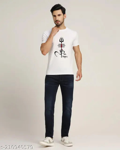 Polyester short sleeves "Om Namah Shivay" printed T-shirt, men's round neck, India origin