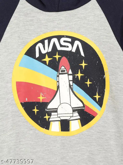 Grey navy blue printed hoodie, cotton blend boys sweatshirt with long sleeves by Lazy Shark, 5-6 years size on model