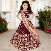 Embroidered taffeta silk lehenga for 5-year baby girl, short sleeves, net dupatta on display