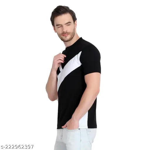 Black & white striped cotton blend round neck half-sleeve t-shirt for men, printed net design