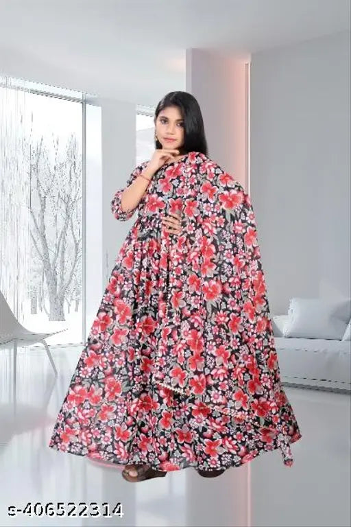 Georgette printed cotton blend frock, floral design with three-quarter sleeves - Indian summer fashion for girls aged 9-16 years