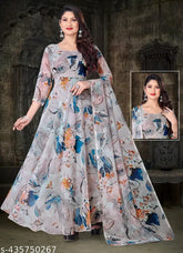 Gorgeous Grey Floral Georgette Anarkali for Ethnic Occasions - Three-Quarter Sleeve, Printed Net, M-L sizes