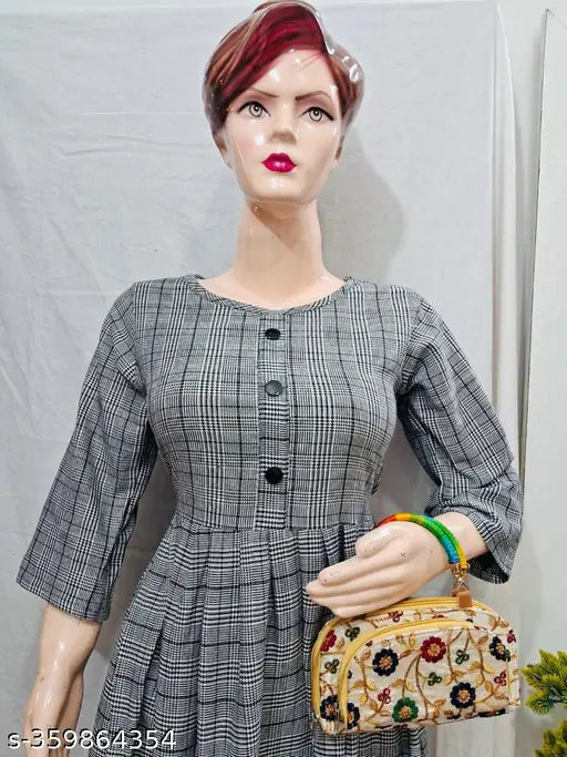 Black woolen frock kurti for winter, 3/4 sleeve, printed combo, western-style women's wear