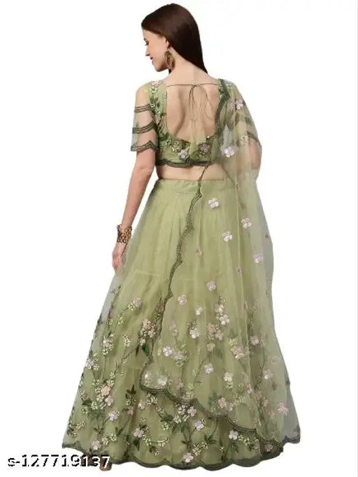 Embroidered green semi-stitched lehenga choli set, net fabric with intricate patterns, Indian traditional wear on mannequin