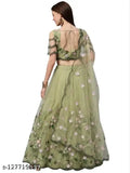 Embroidered green semi-stitched lehenga choli set, net fabric with intricate patterns, Indian traditional wear on mannequin