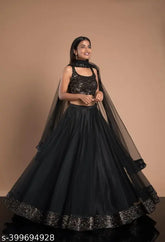 Black velvet lehenga Choli set with net dupatta, embellished top and solid dupatta, semi-stitched Indian traditional wear